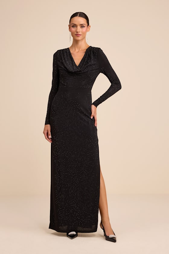 Rhodria Black Rhinestone Cowl Long Sleeve Maxi Dress 2