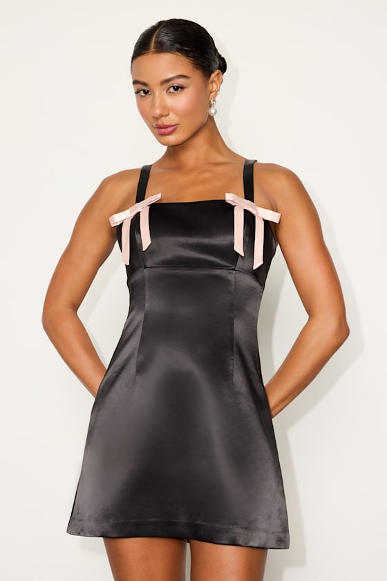 Yesemia Black Satin Bow Skater Mini Dress 2
