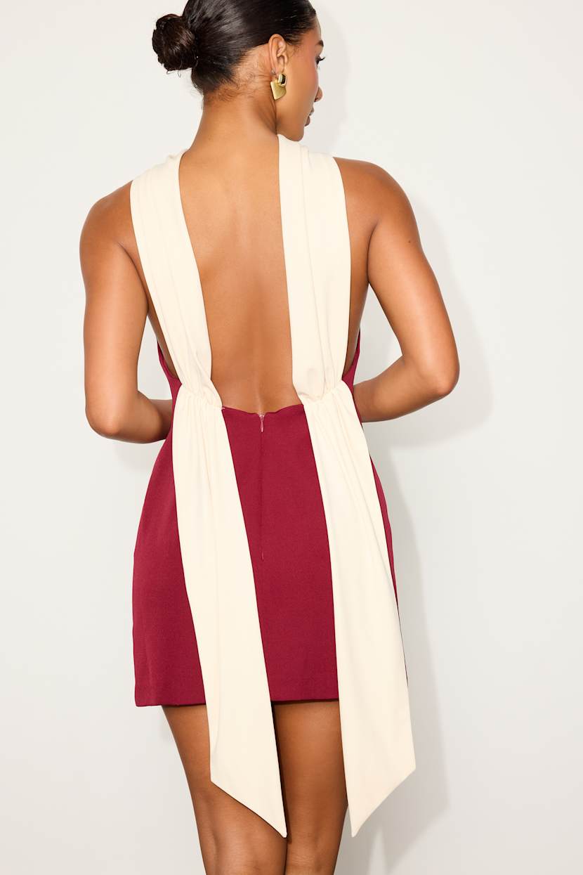 Wine Red and Cream Backless Bodycon Mini Dress | Womens | Large (Available in Xl) | 100% Polyester | Lulus