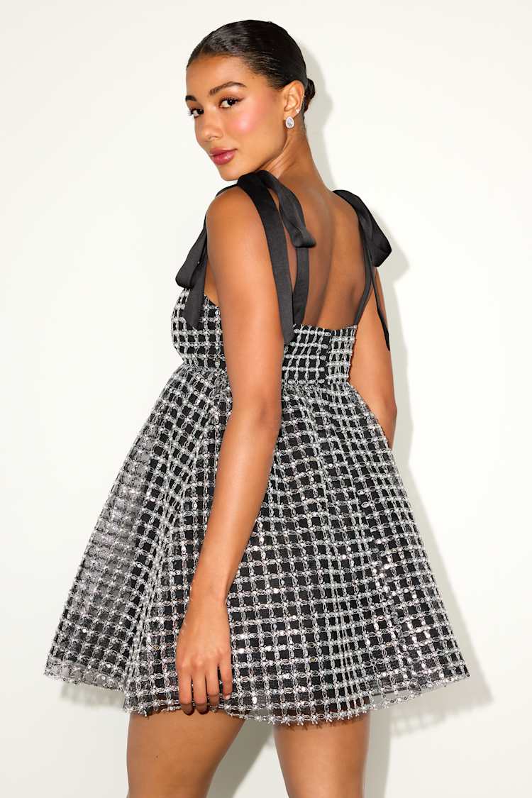 Neandra Black Pearl Tie-Strap Babydoll Mini Dress