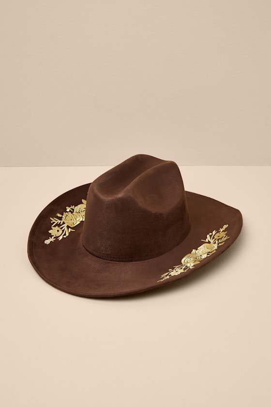 Boaz Brown Suede Floral Embroidered Cowboy Hat 1