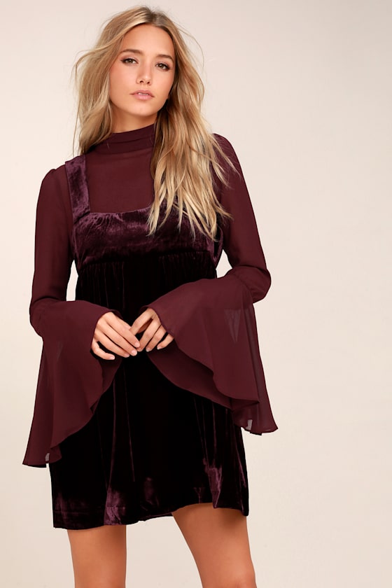 Counting Stars Plum Purple Velvet Long Sleeve Skater Dress 1