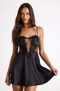 Damilia Black Sheer Lace Satin Lingerie Slip 1