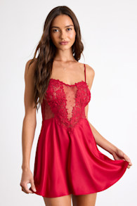 Damilia Red Sheer Lace Satin Lingerie Slip 1