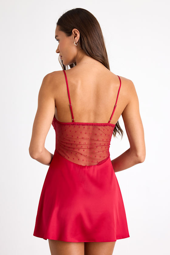 Damilia Red Sheer Lace Satin Lingerie Slip 2
