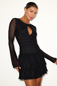 Aradia Black Mesh Keyhole Tiered Mini Dress 1