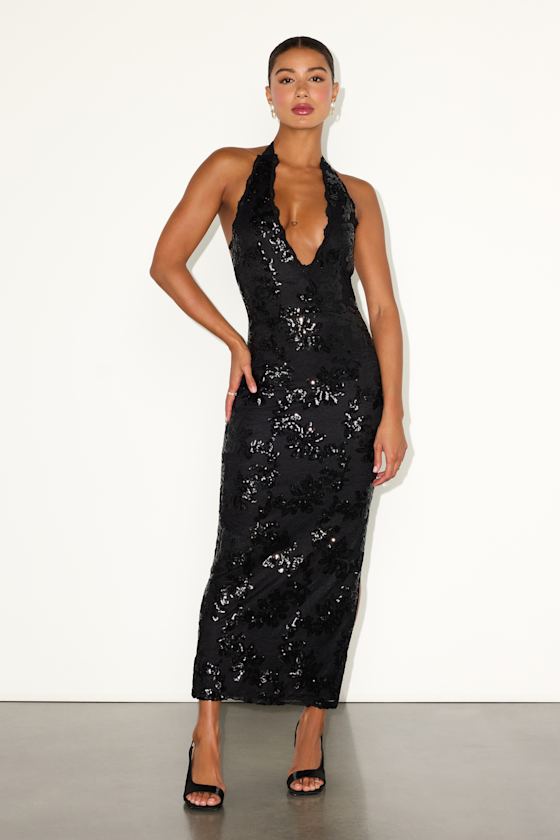 Image of Adelia Black Lace Sequin Plunging Maxi Dress