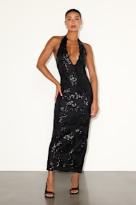 Adelia Black Lace Sequin Plunging Maxi Dress 1