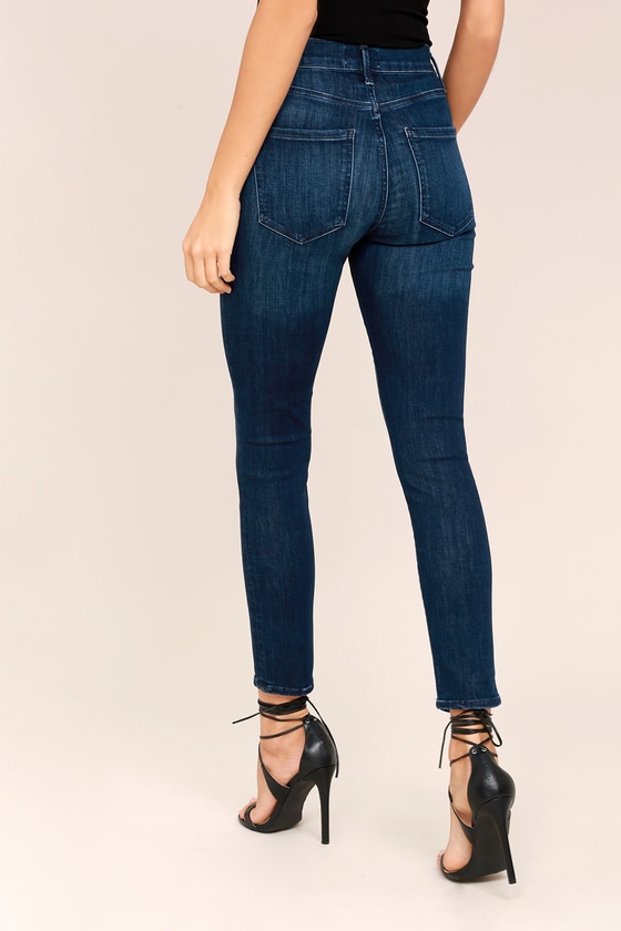 high rise dark blue jeans