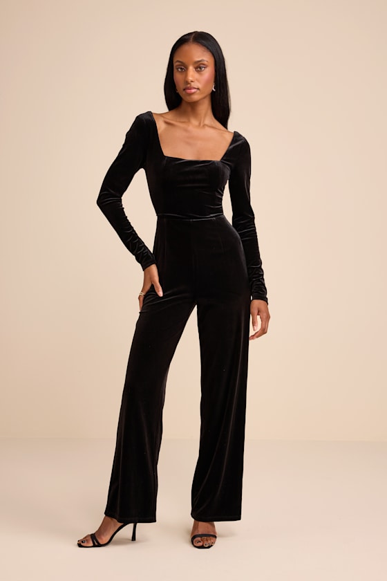 Asalia Black Velvet Lace-Up Long Sleeve Straight-Leg Jumpsuit 1