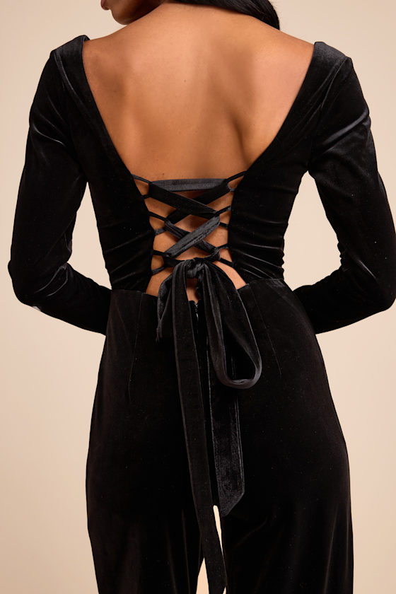 Asalia Black Velvet Lace-Up Long Sleeve Straight-Leg Jumpsuit 2