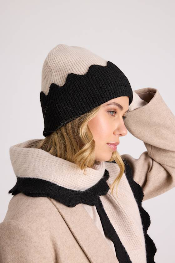 Melody Ivory and Black Scalloped Beanie 1