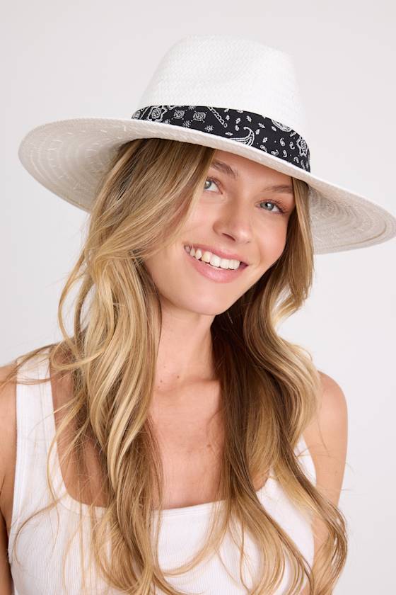 Raven White Bandana Woven Straw Fedora Hat 1