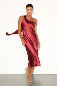 Naima Rust Red Satin One-Shoulder Midi Dress 1