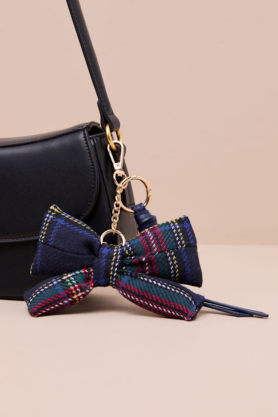 Plaid Navy Bow Key Ring Bag Charm 1