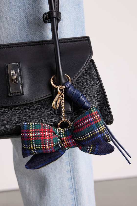 Plaid Navy Bow Key Ring Bag Charm 1