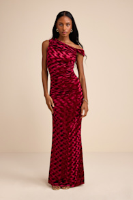Renisa Dark Red Velvet Chevron Asymmetrical Maxi Dress 1