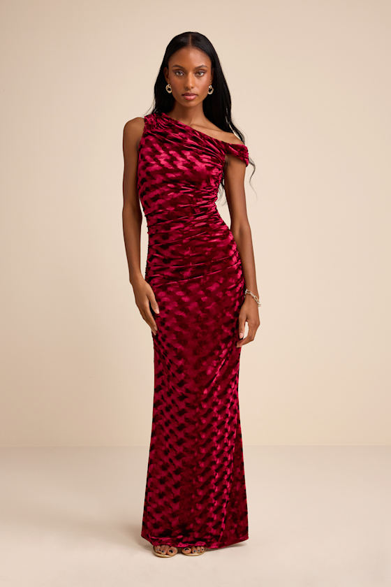 Renisa Dark Red Velvet Chevron Asymmetrical Maxi Dress 1