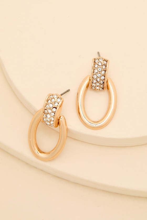 Stassy Gold Rhinestone Oval Drop Earrings 2