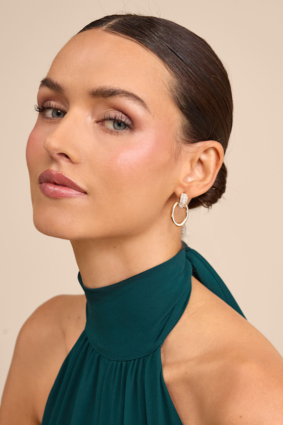 Stassy Gold Rhinestone Oval Drop Earrings - thumbnail 3