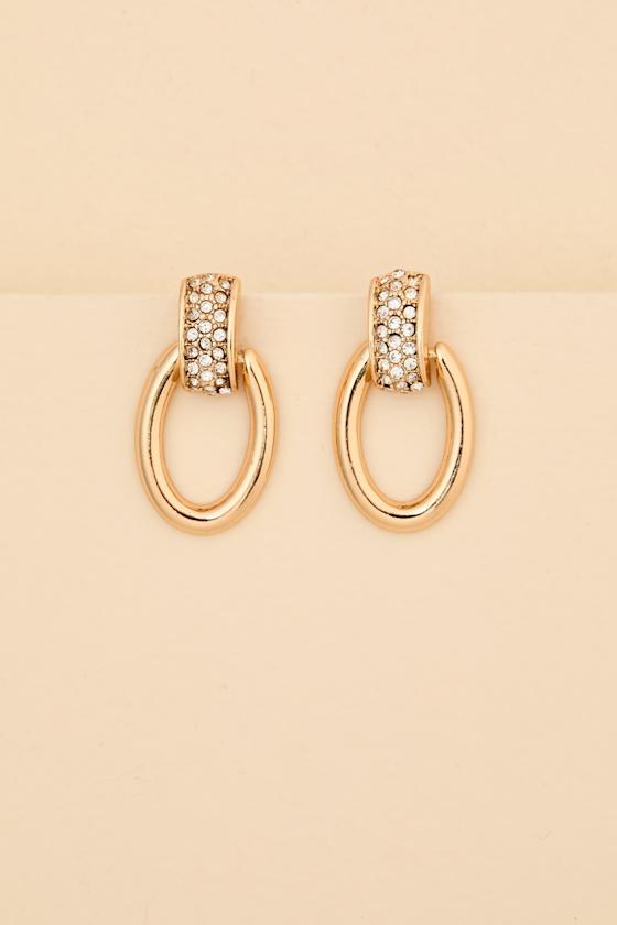 Stassy Gold Rhinestone Oval Drop Earrings - thumbnail 4
