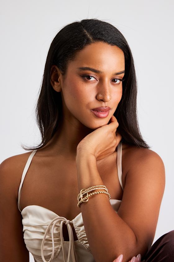 Fontaine Gold Beaded Rhinestone Three-Piece Bracelet Set - thumbnail 3