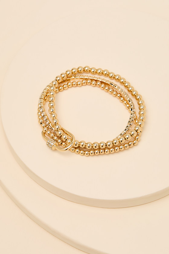 Fontaine Gold Beaded Rhinestone Three-Piece Bracelet Set - thumbnail 4