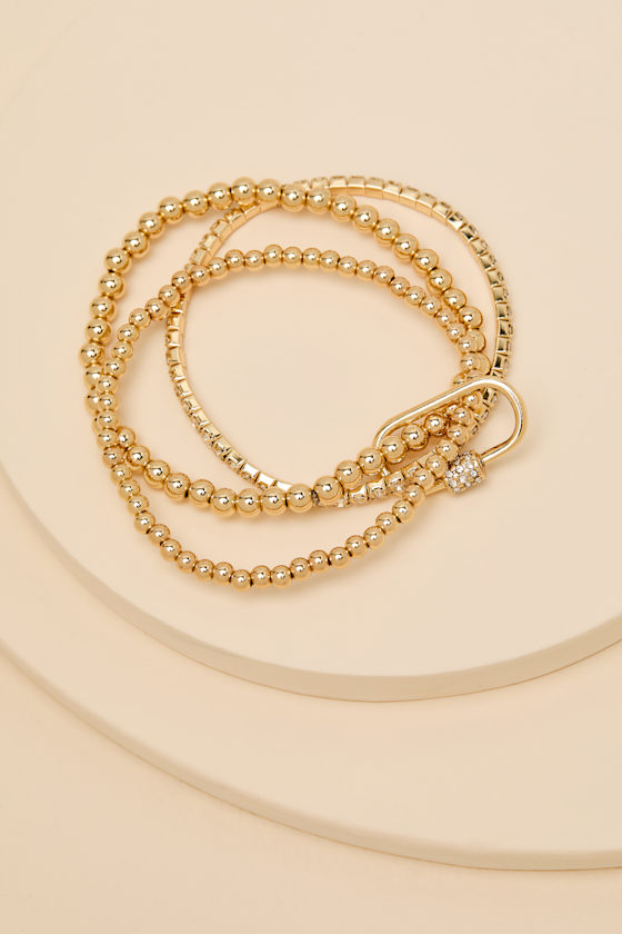 Fontaine Gold Beaded Rhinestone Three-Piece Bracelet Set - thumbnail 5