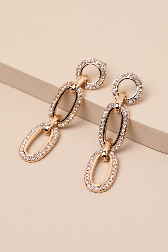 Brita Gold Rhinestone Chain Link Drop Earrings 1