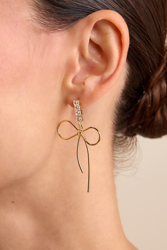 Fletcher Gold Rhinestone Bow Drop Earrings 1