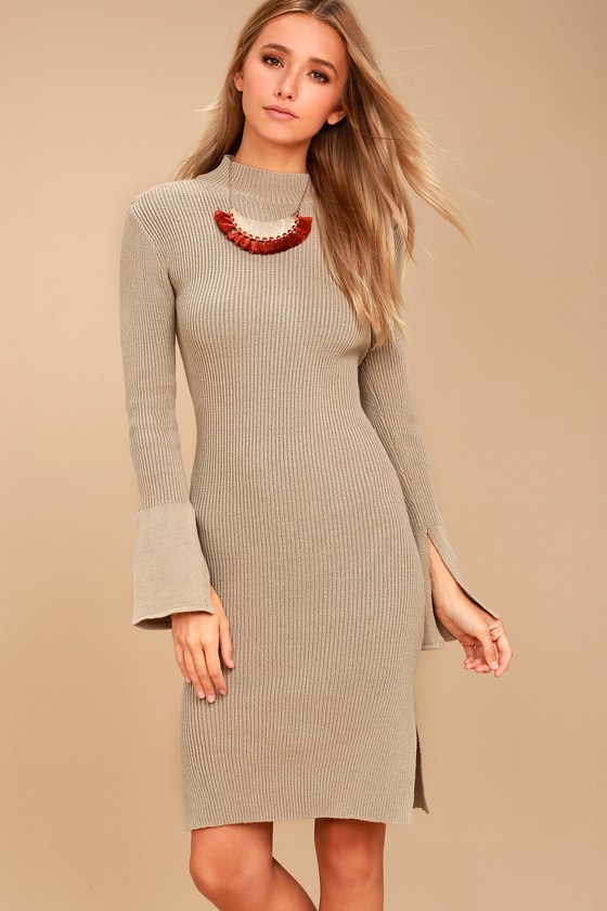 Aleina Beige Bodycon Midi Sweater Dress