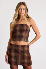 Annette Brown Plaid Strapless Top 1