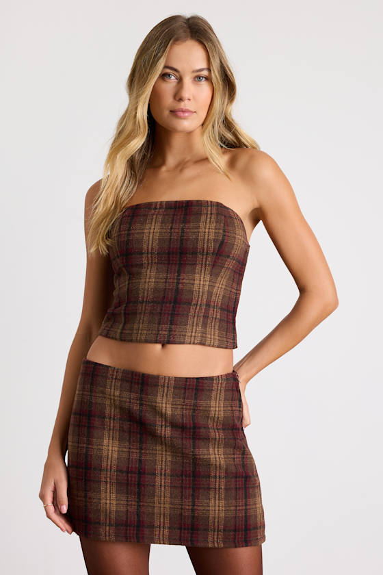 Annette Brown Plaid Strapless Top 1