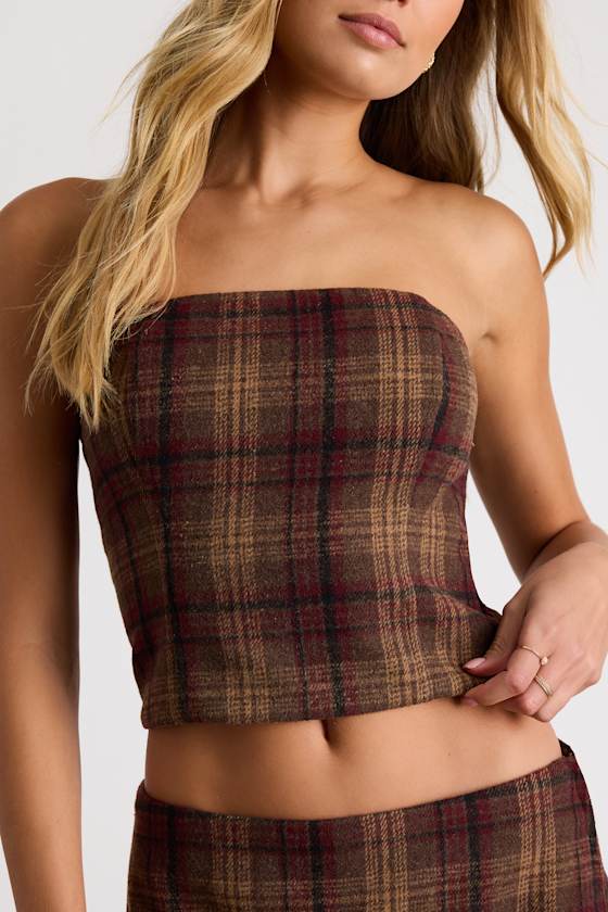 Annette Brown Plaid Strapless Top 2