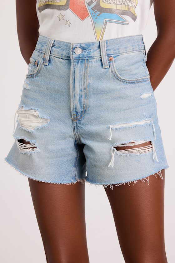 Ribcage Light Wash Distressed High-Rise Denim Shorts 1