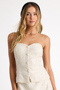 Brionee Ivory Tweed Sequin Button-Front Strapless Top 1