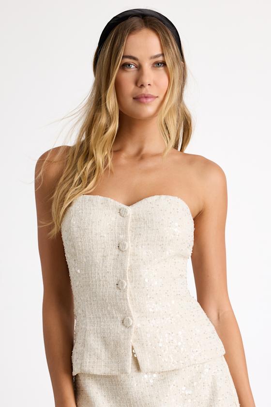 Brionee Ivory Tweed Sequin Button-Front Strapless Top 1