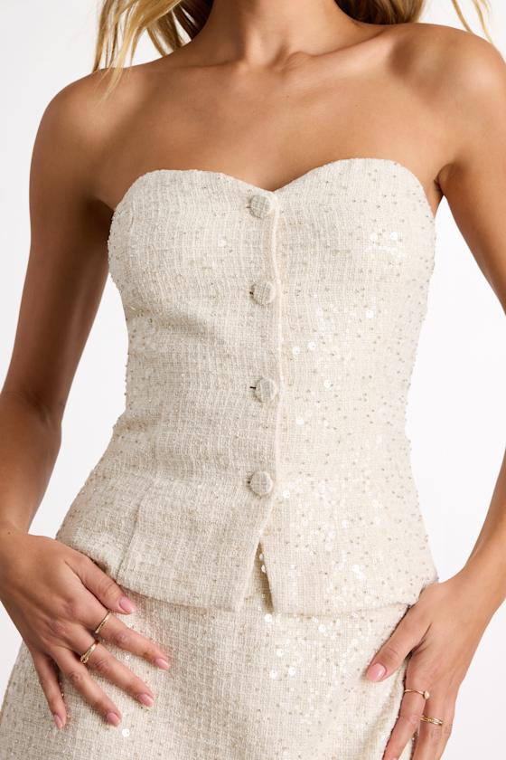 Brionee Ivory Tweed Sequin Button-Front Strapless Top 2