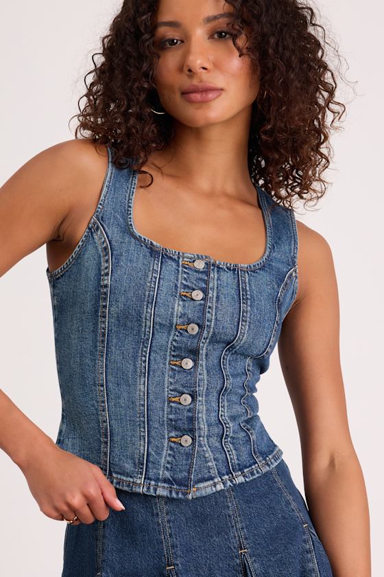 Sculpted Medium Wash Denim Vest Top 1