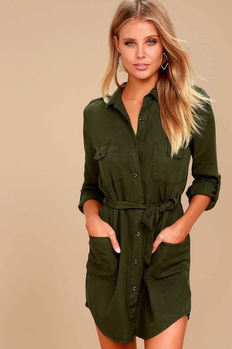 Remy Olive Green Long Sleeve Shirt Dress