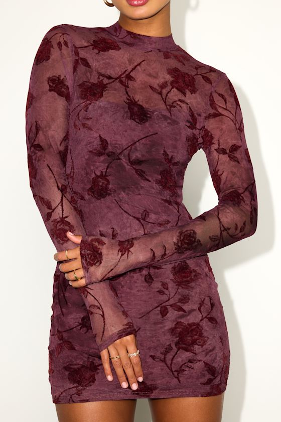 Seranda Burgundy Floral Mesh Mock Neck Mini Dress 2