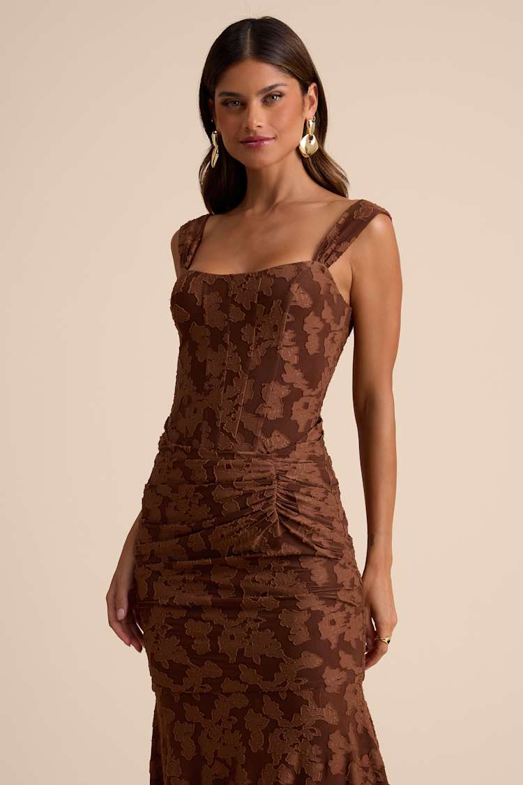 Celeste Brown Floral Burnout Bustier Maxi Dress