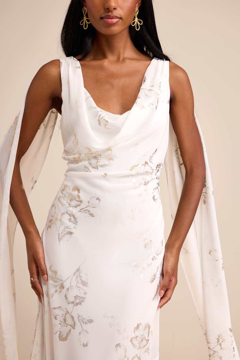 White & Gold Floral Dress - Backless Gown - Cowl Neck Maxi Dress