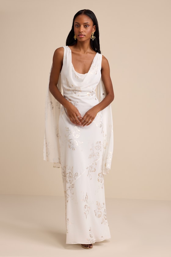 White & Gold Floral Dress - Backless Gown - Cowl Neck Maxi Dress