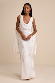 Sidonia White and Gold Floral Cowl Sash Maxi Dress 2