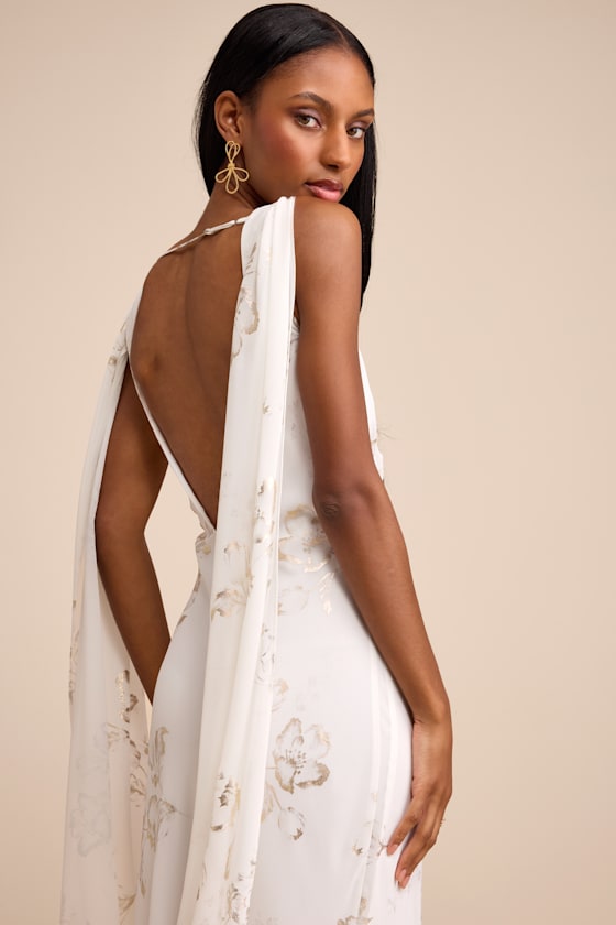 Sidonia White and Gold Floral Cowl Sash Maxi Dress 3