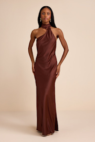 Madalena Dark Brown Satin Cowl Back Maxi Dress 1