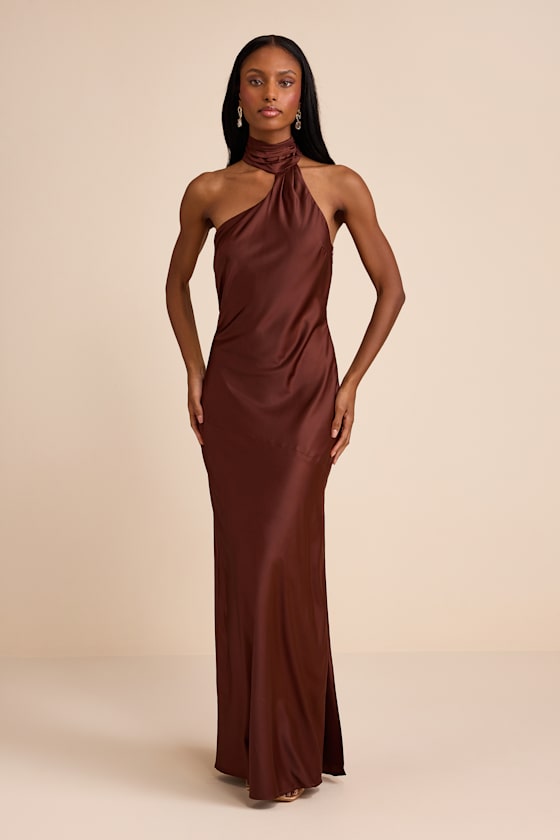 Madalena Dark Brown Satin Cowl Back Maxi Dress 1