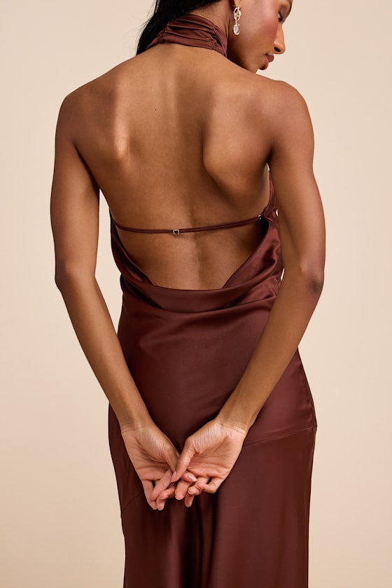 Madalena Dark Brown Satin Cowl Back Maxi Dress