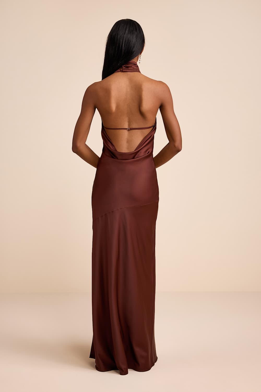 Madalena Dark Brown Satin Cowl Back Maxi Dress